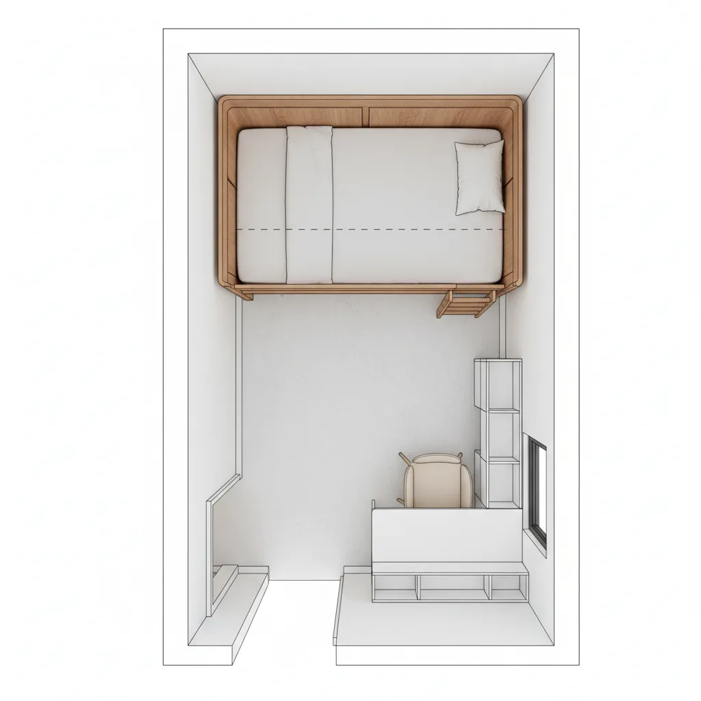 Small bedroom layout diagram showing walkway clearance around bunk bed