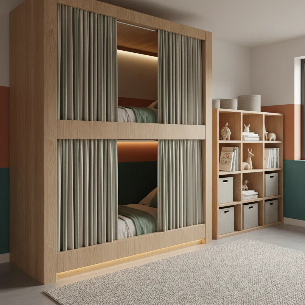 Bunk bed with curtains creating privacy for each child