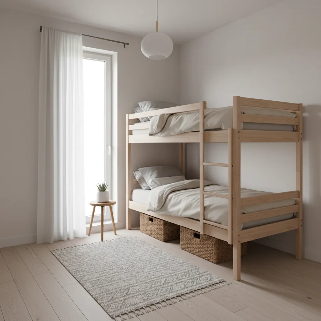 Bunk bed placed along wall in a small bedroom layout with limited floor space
