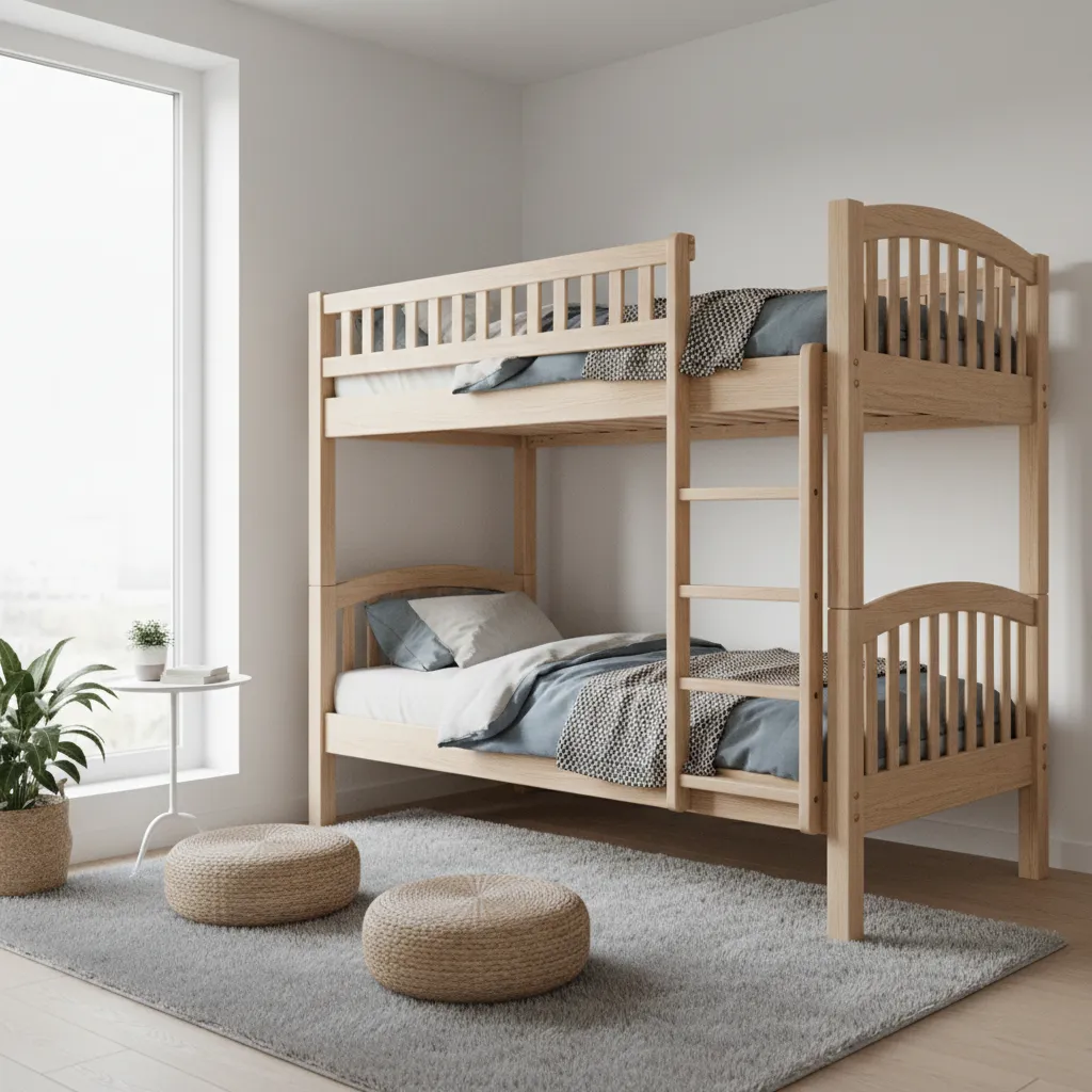 Small guest bedroom with wooden bunk bed maximizing floor space