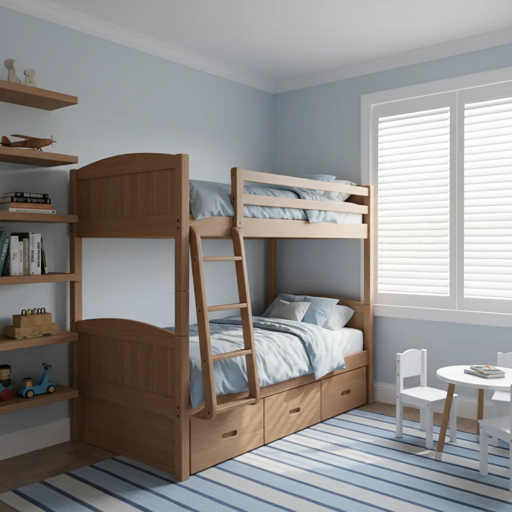 Compact boys bedroom with wooden bunk bed and storage drawers