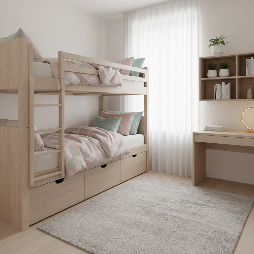 Space saving bunk bed layout in a girls kids bedroom