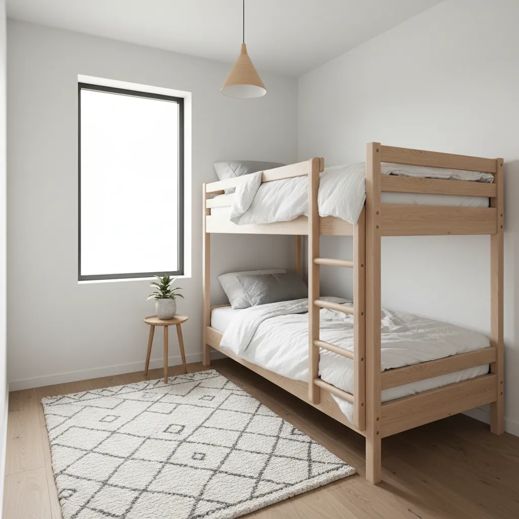 bunk bed layout in small shared bedroom saving floor space