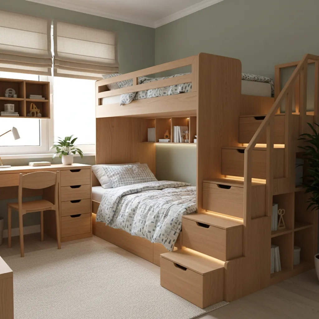 Bunk bed with storage staircase in a compact kids bedroom