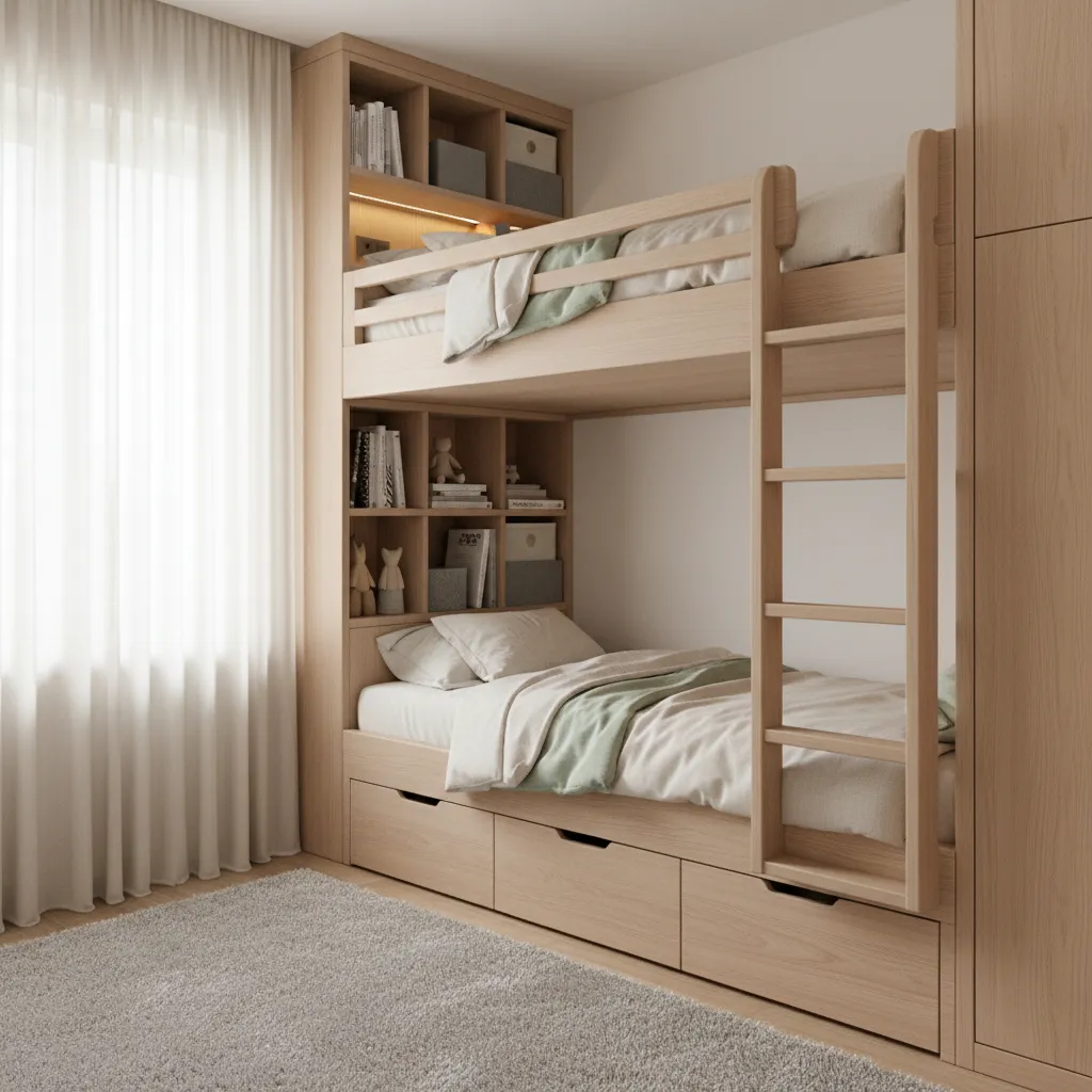 Bunk bed with built in storage drawers and shelves in a small bedroom