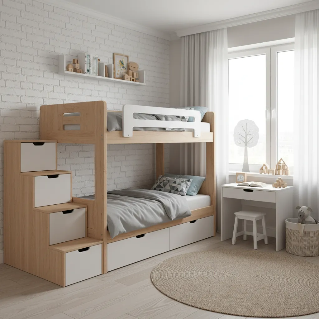 Double deck bed with built in drawers and staircase storage