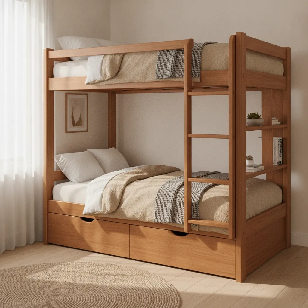 bunk bed with integrated storage drawers and shelving