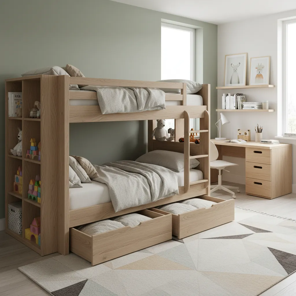 Kids bunk bed with built in drawers and shelves saving bedroom space