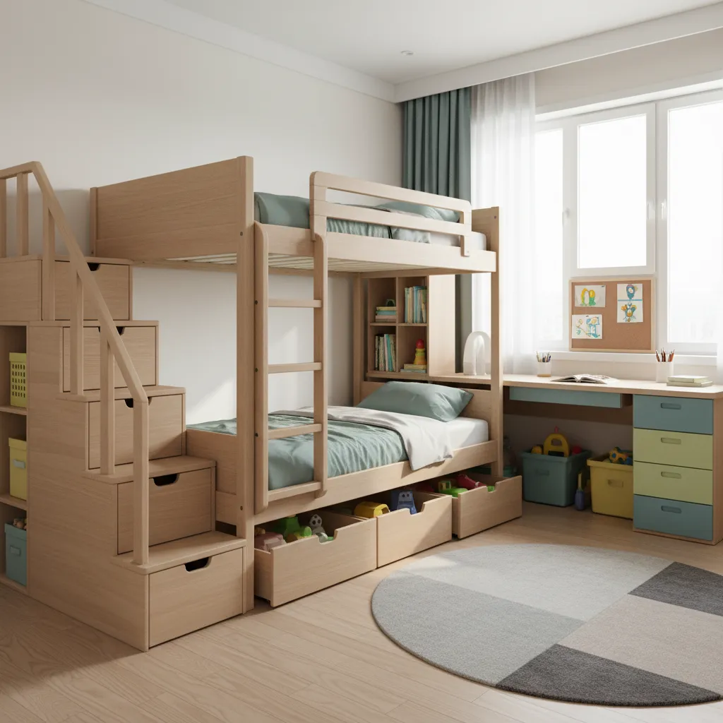 Bunk bed with storage stairs and built in drawers