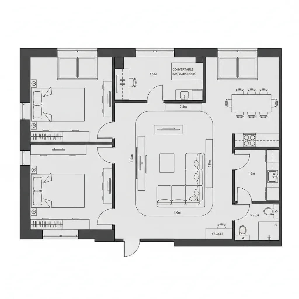 CAD plan showing bunk flex room, sliding thresholds, and convertible media bay