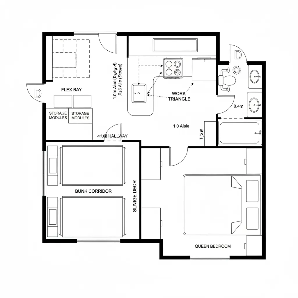 Top-down CAD plan with bunk slide, adaptive flex bay, mid bath, and aft queen bed