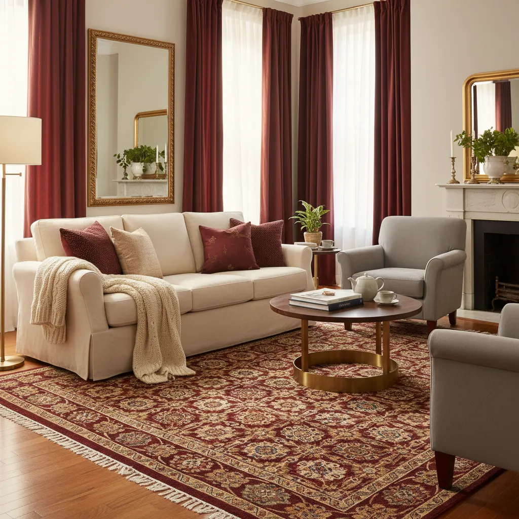 Living room with burgundy accent pillows and patterned rug matching burgundy curtains