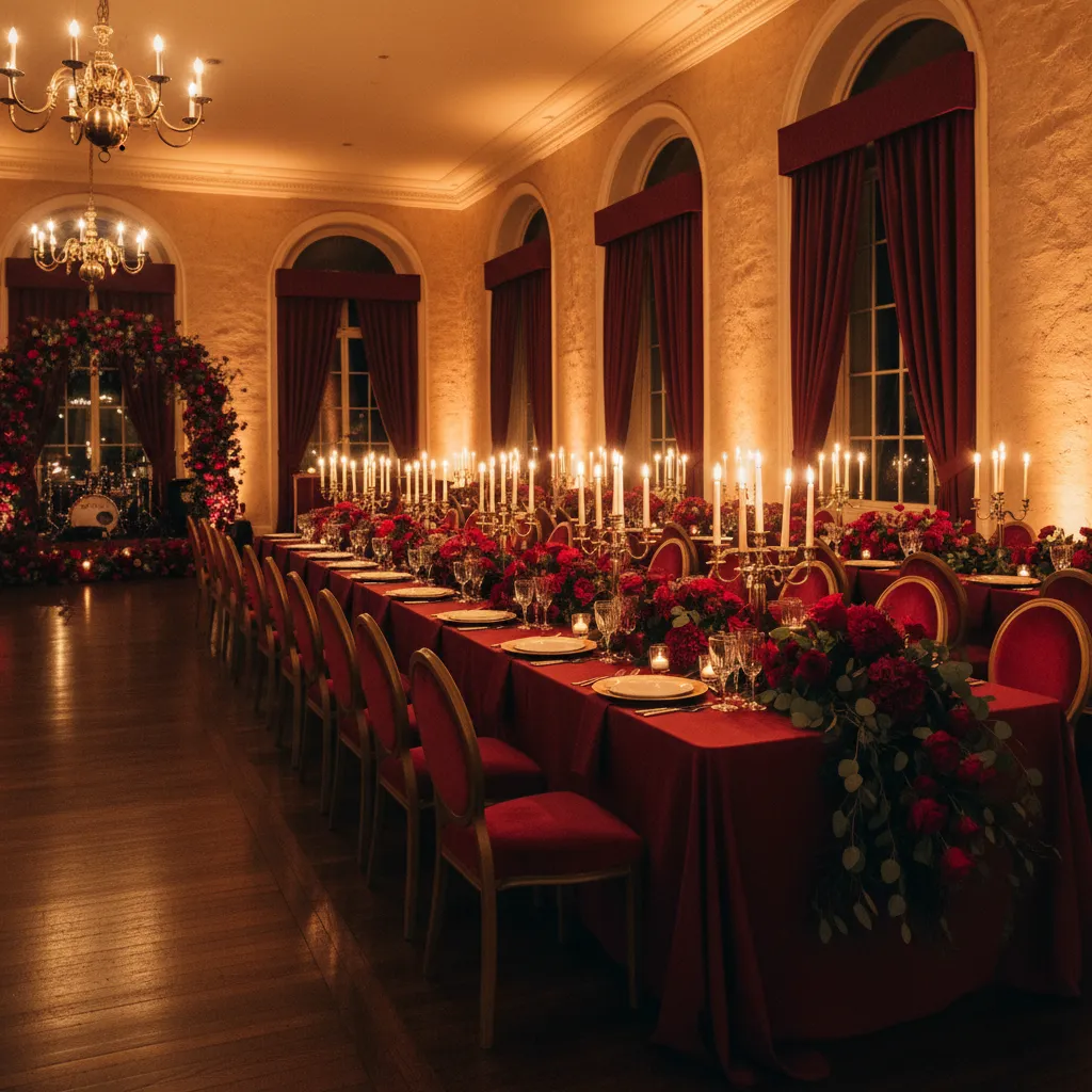 burgundy banquet hall decor with candle lighting and romantic atmosphere