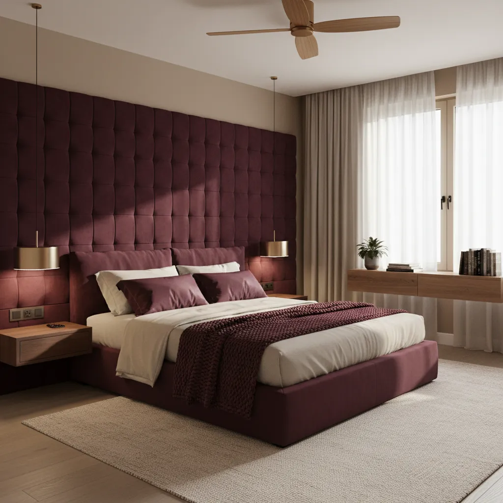 Burgundy bedroom with layered ambient lighting and elegant bed setup