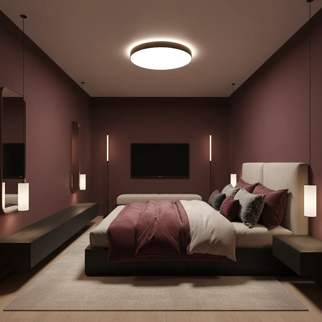 Ceiling lighting layout illuminating burgundy bedroom walls evenly