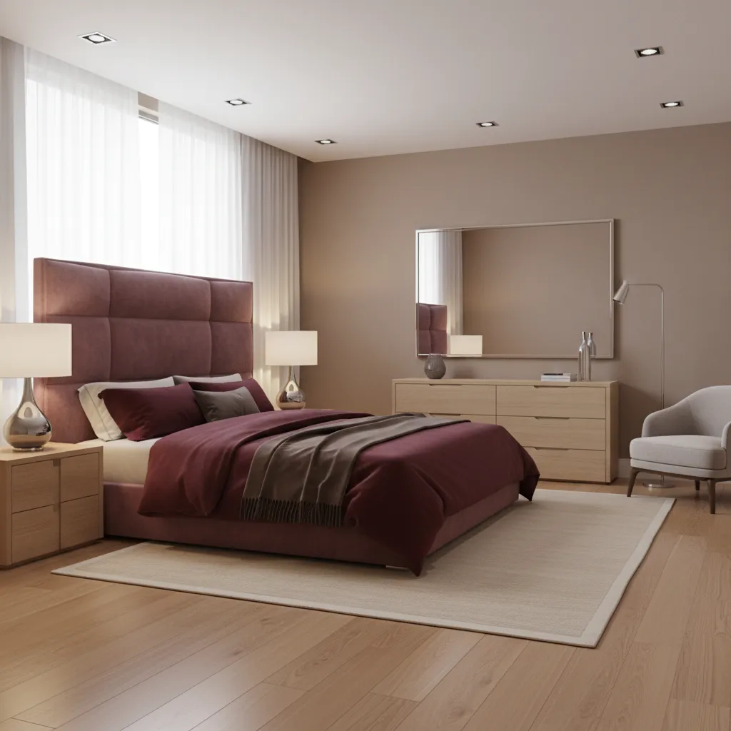 burgundy bedroom with silver decor accents and neutral walls