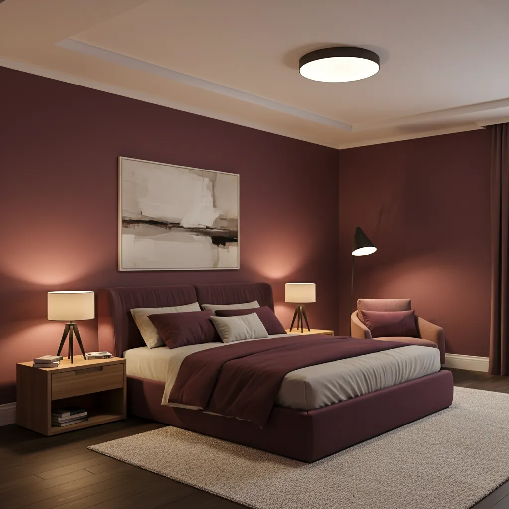 Bedroom lighting layout showing lamp and ceiling light placement in burgundy room