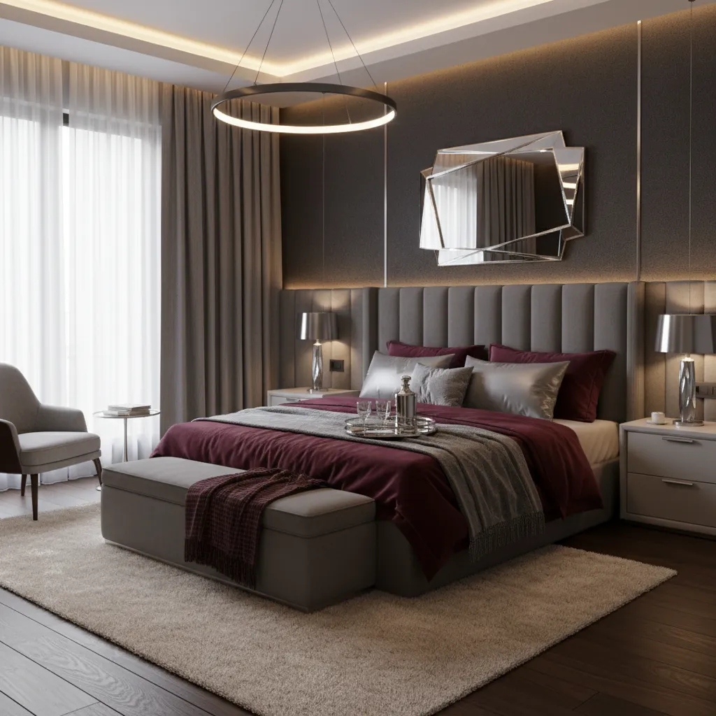 burgundy velvet bedding with silver accents and layered textures