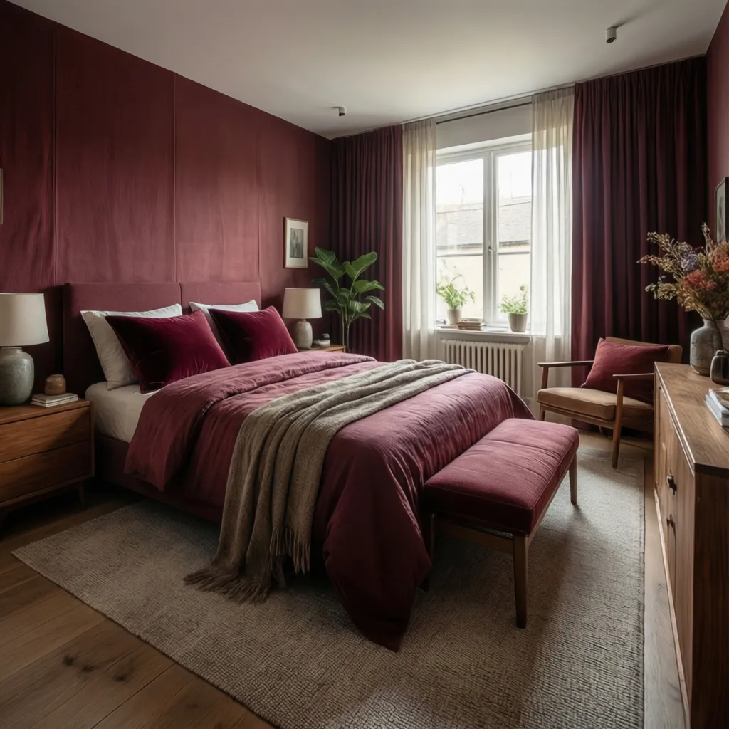 Burgundy bedroom balanced with neutral textures including linen bedding wood and rugs