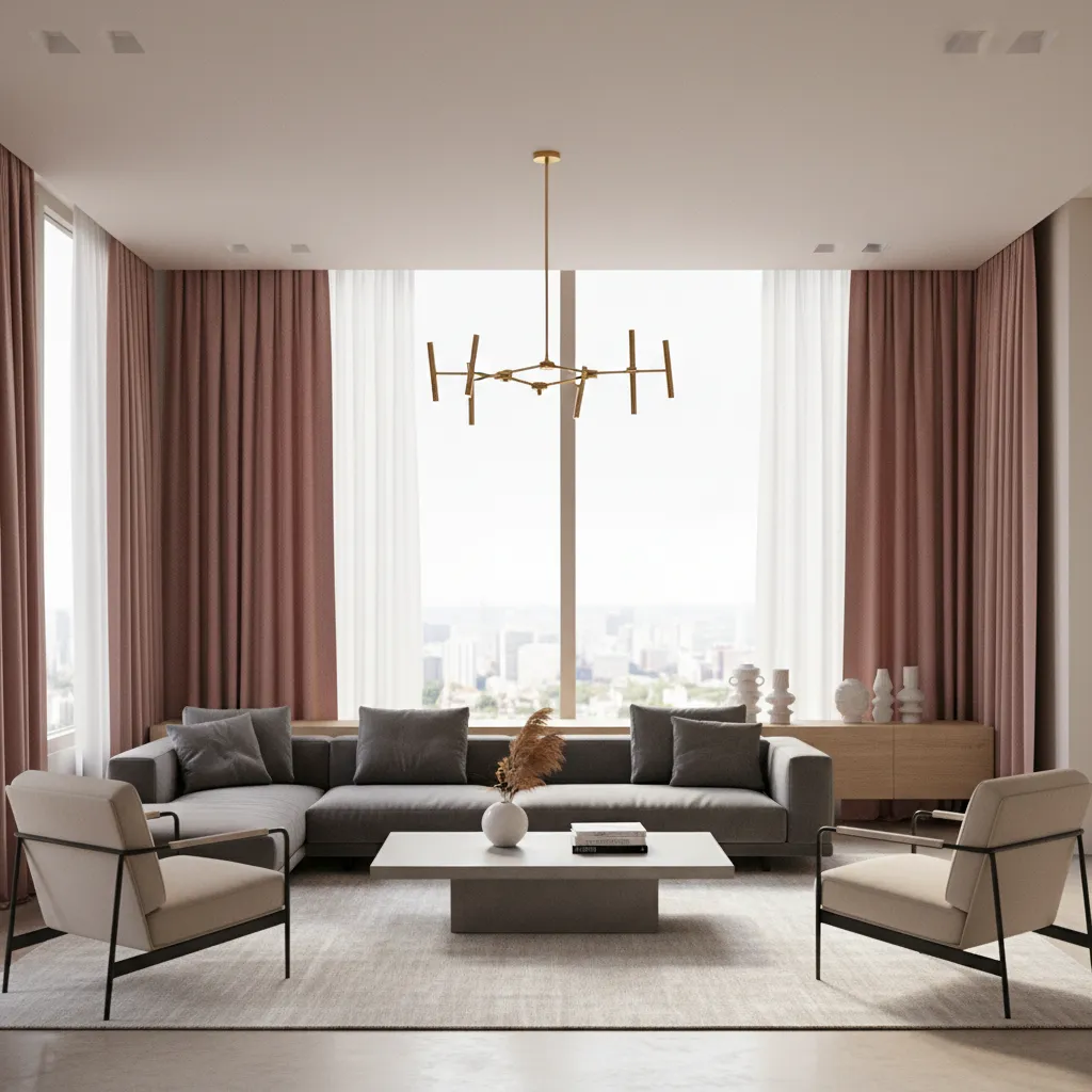 Living room layout showing burgundy curtains framing large windows
