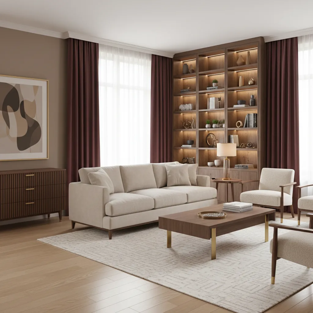 living room palette showing burgundy curtains paired with warm neutral furniture and wood accents