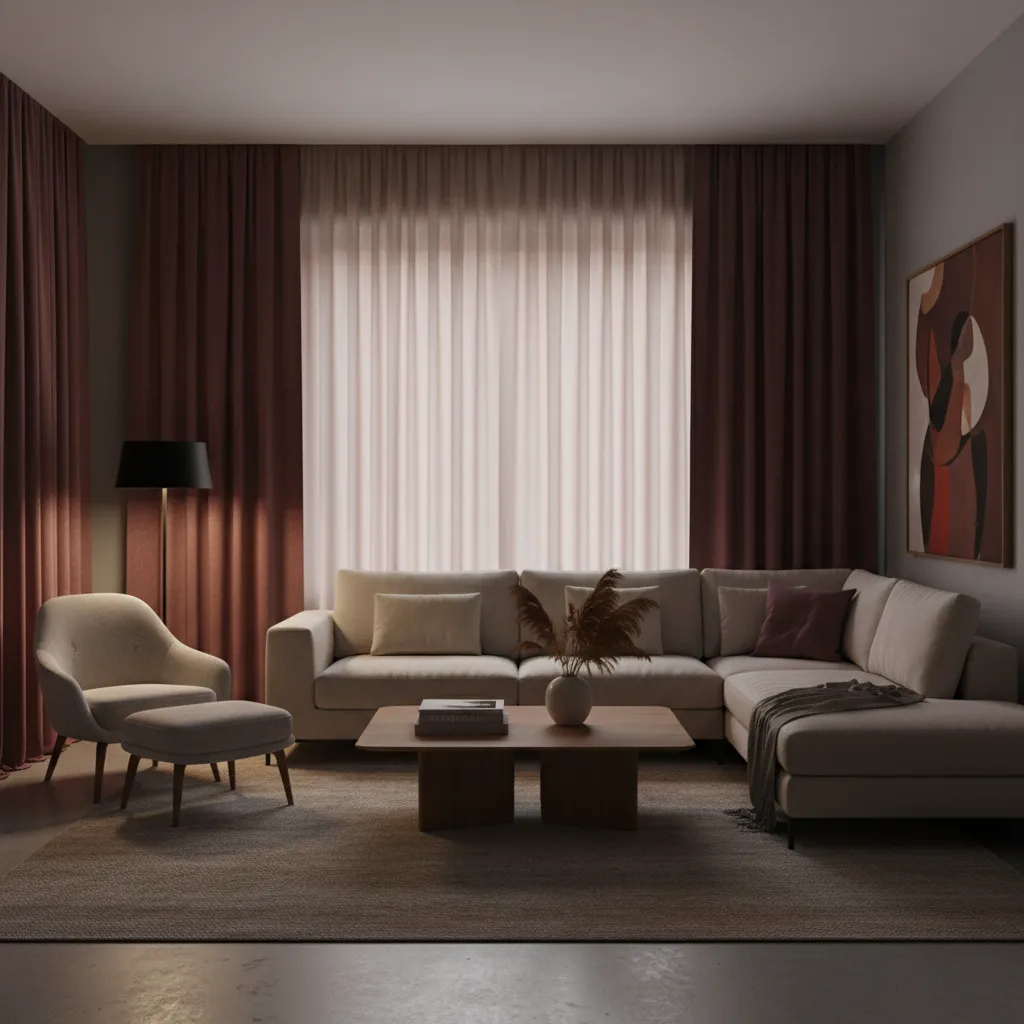 living room appearing darker due to heavy burgundy curtains covering large window