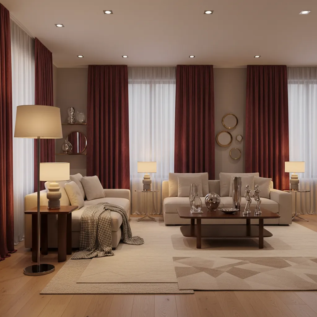 living room with burgundy curtains enhanced by layered lighting from floor lamps and table lamps