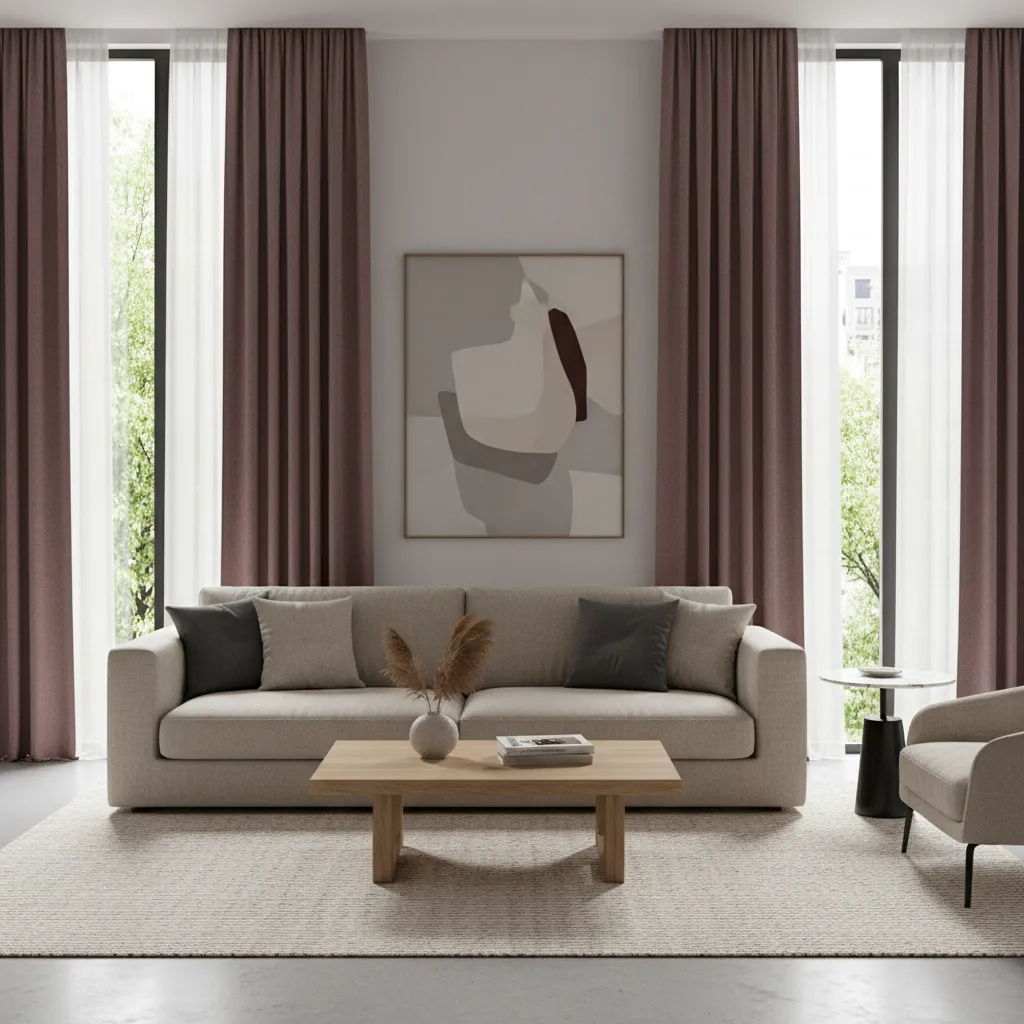 Stylish living room with burgundy curtains framing large window
