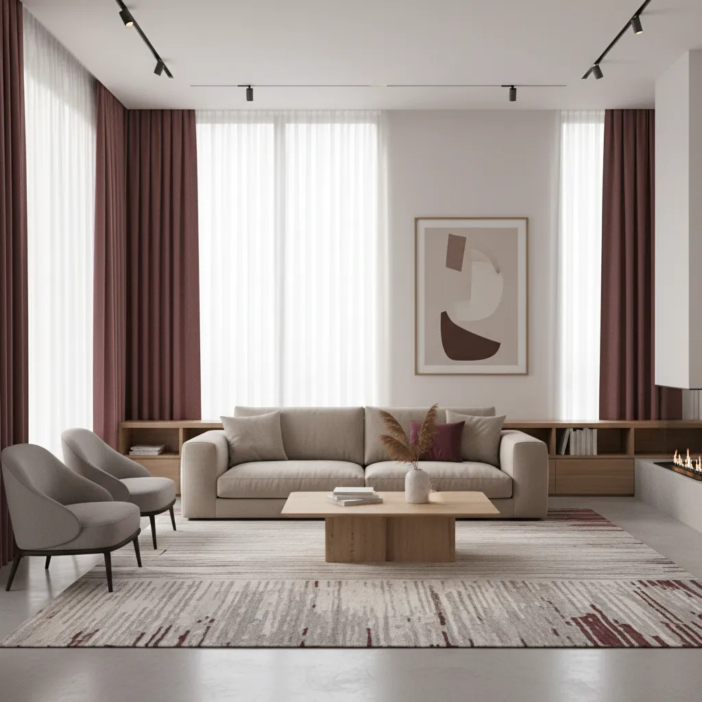Modern living room with burgundy curtains and neutral sofa