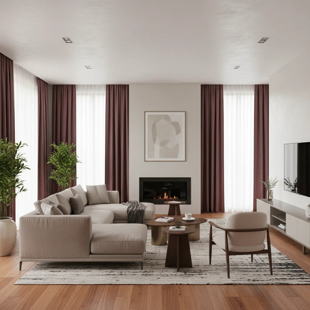 Modern living room with burgundy curtains and neutral sofa