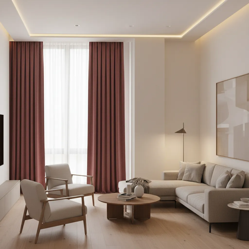 Living room window with burgundy curtains filtering natural light