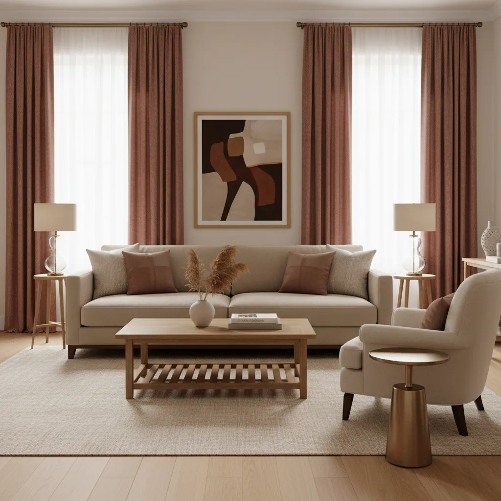 Neutral sofa and wood furniture paired with burgundy curtains
