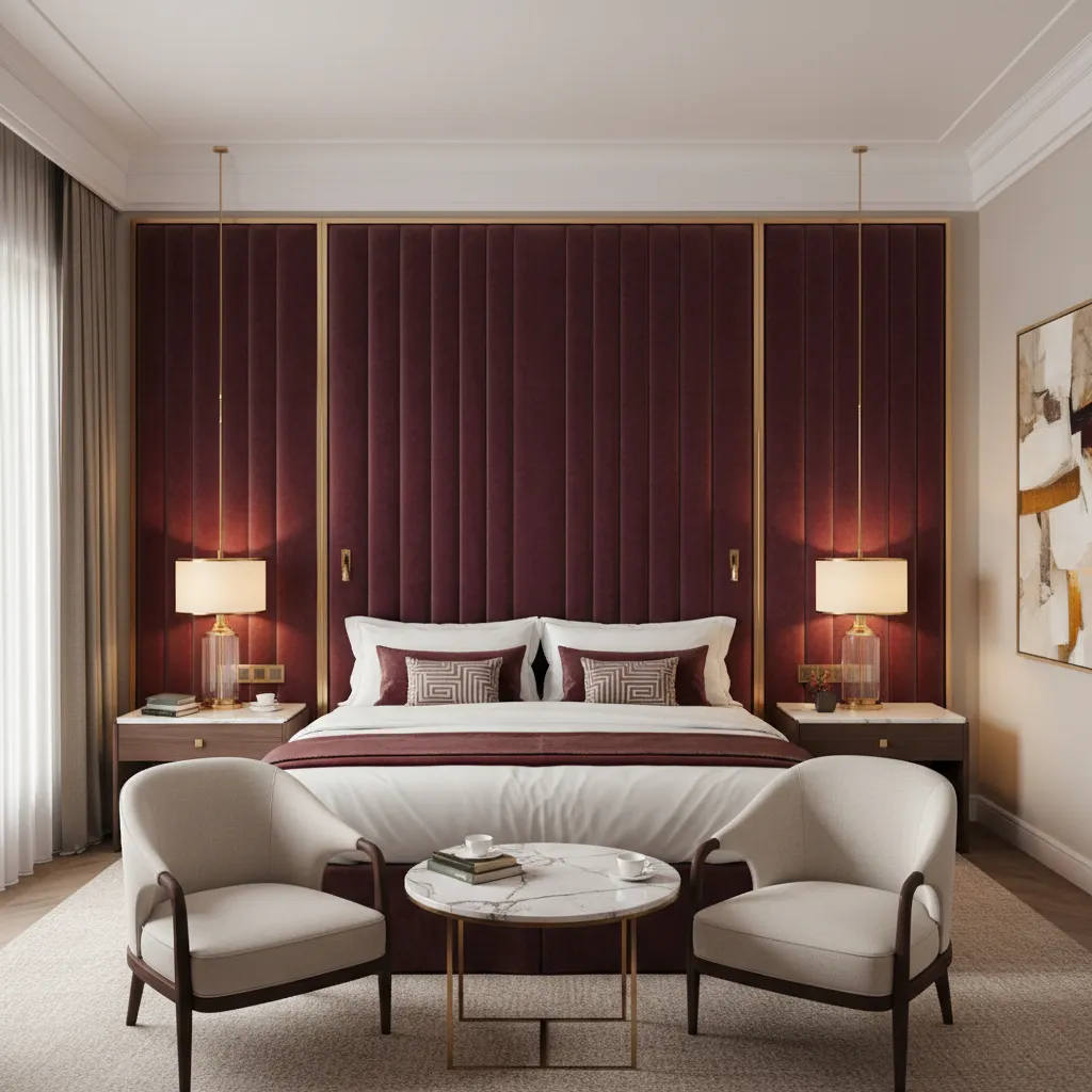 Luxury hotel bedroom with burgundy upholstered headboard and neutral bedding