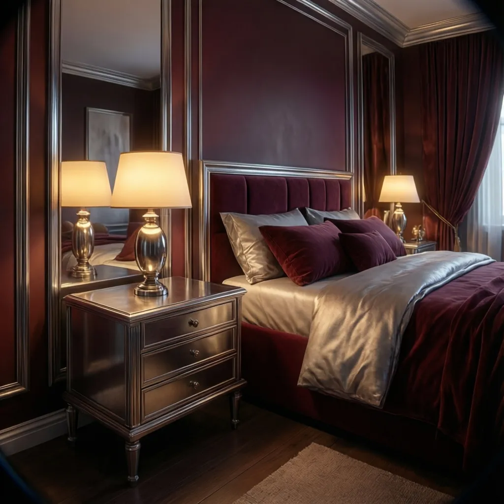 Burgundy and silver bedroom with accent lighting reflecting on metallic decor