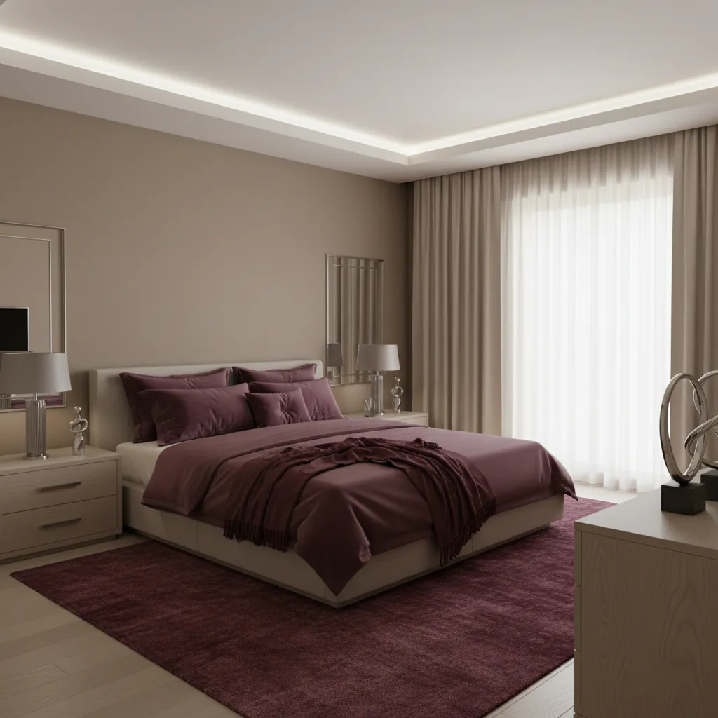 burgundy bedroom layout showing color balance with silver accents