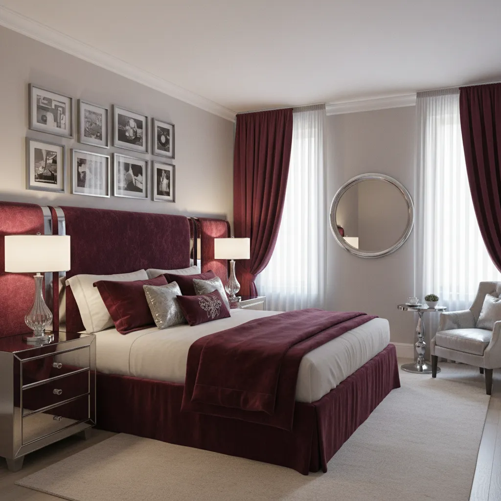 Bedroom interior showing silver lamps and mirrors paired with burgundy decor