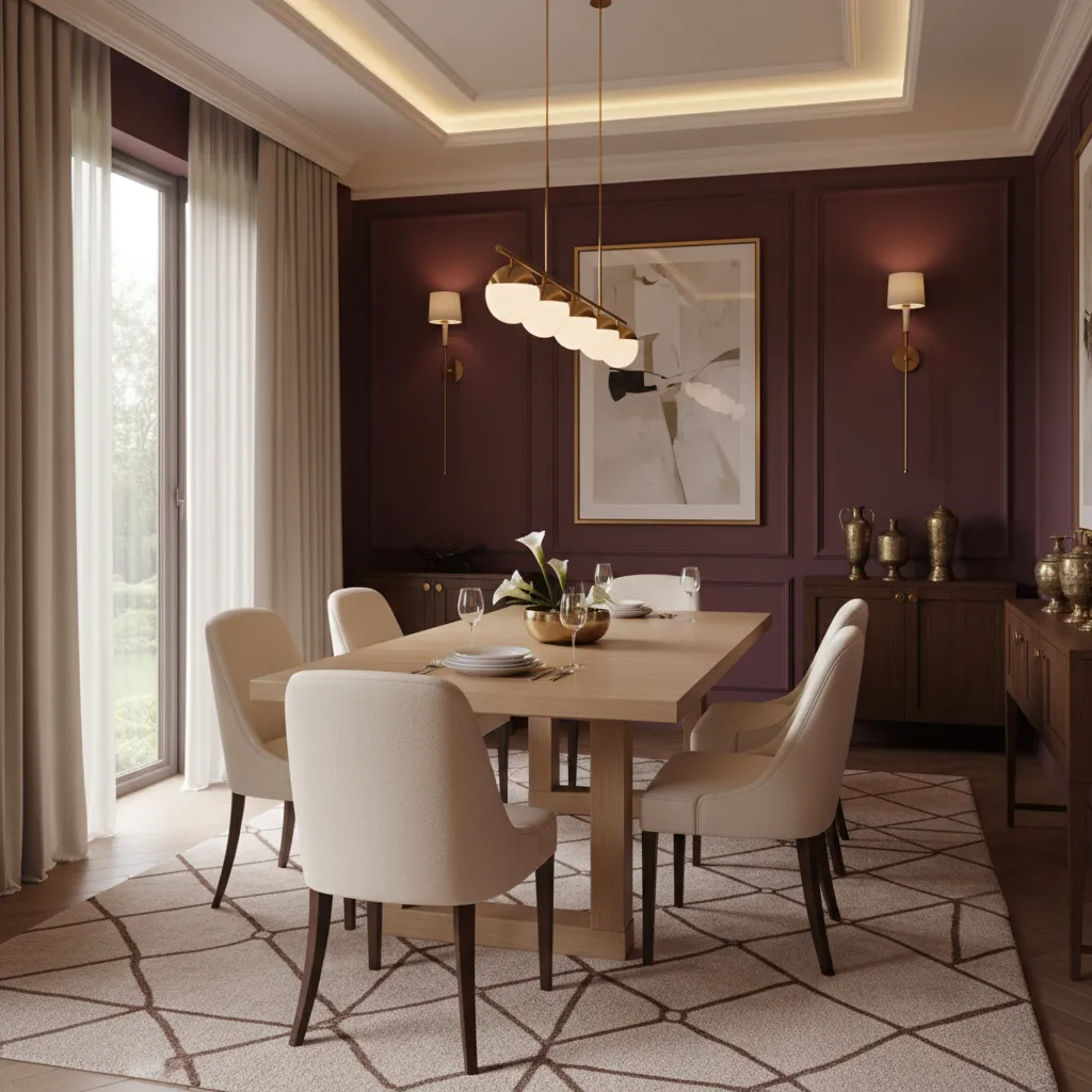 small dining room with deep burgundy walls and light wood furniture