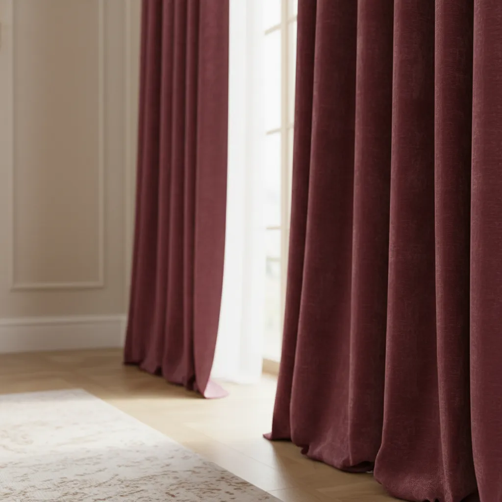 Close view of burgundy velvet curtains in a luxury interior