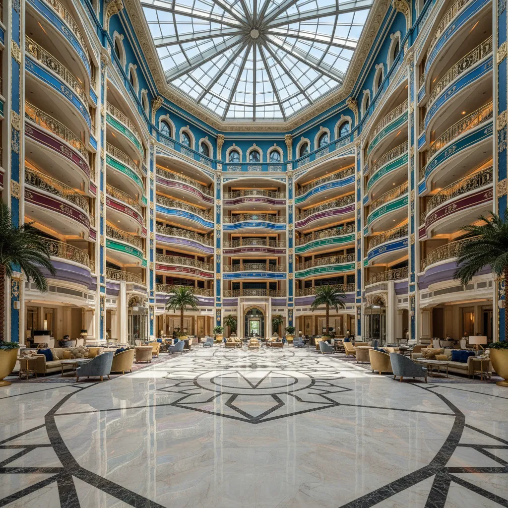 Large colorful hotel lobby featuring multi level balconies palm trees seating and round glass roof
