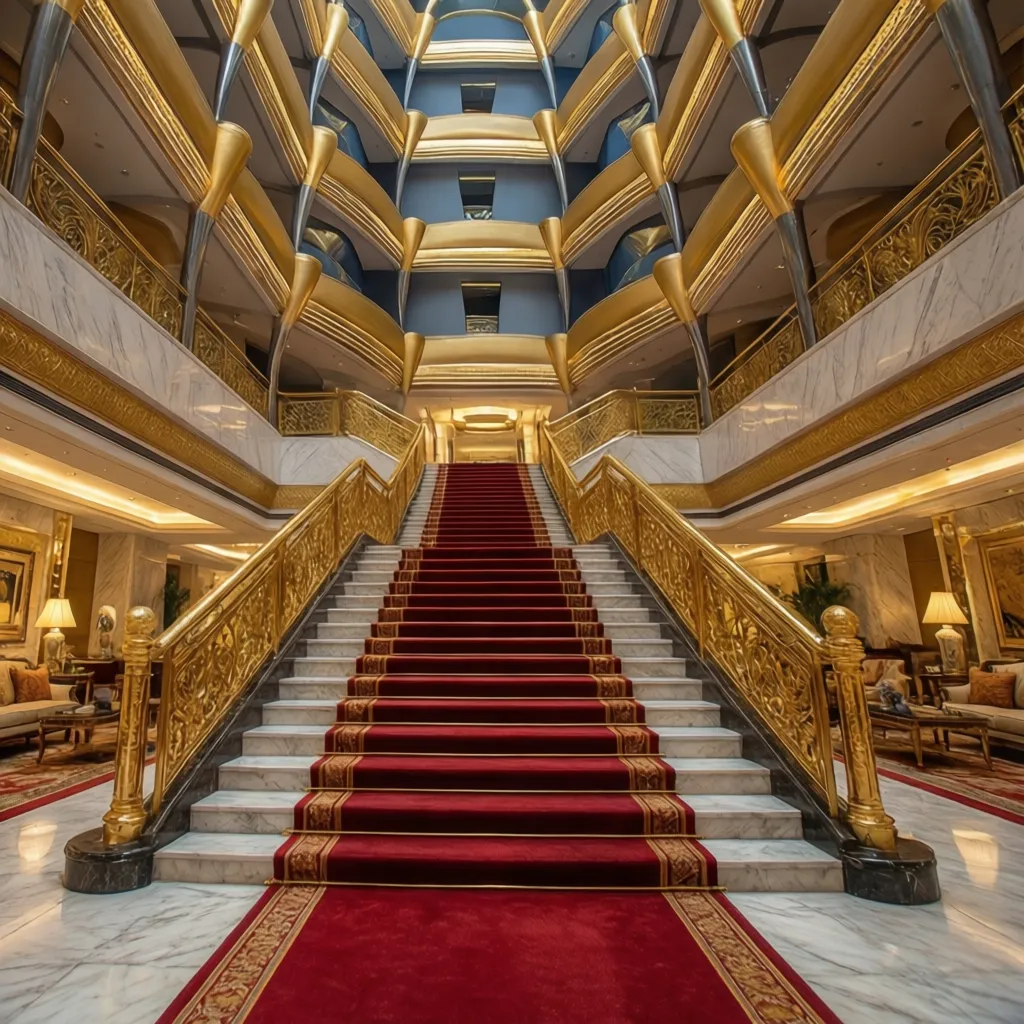 Grand staircase with red carpet gold railings marble floors and golden wall columns in lobby