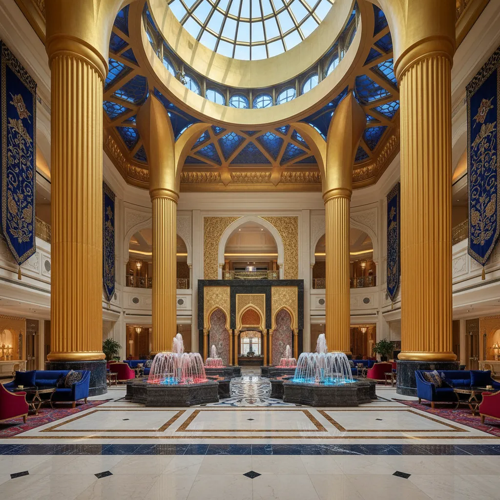 Luxury hotel lobby with large golden pillars blue sofas indoor water fountains and glass skylight