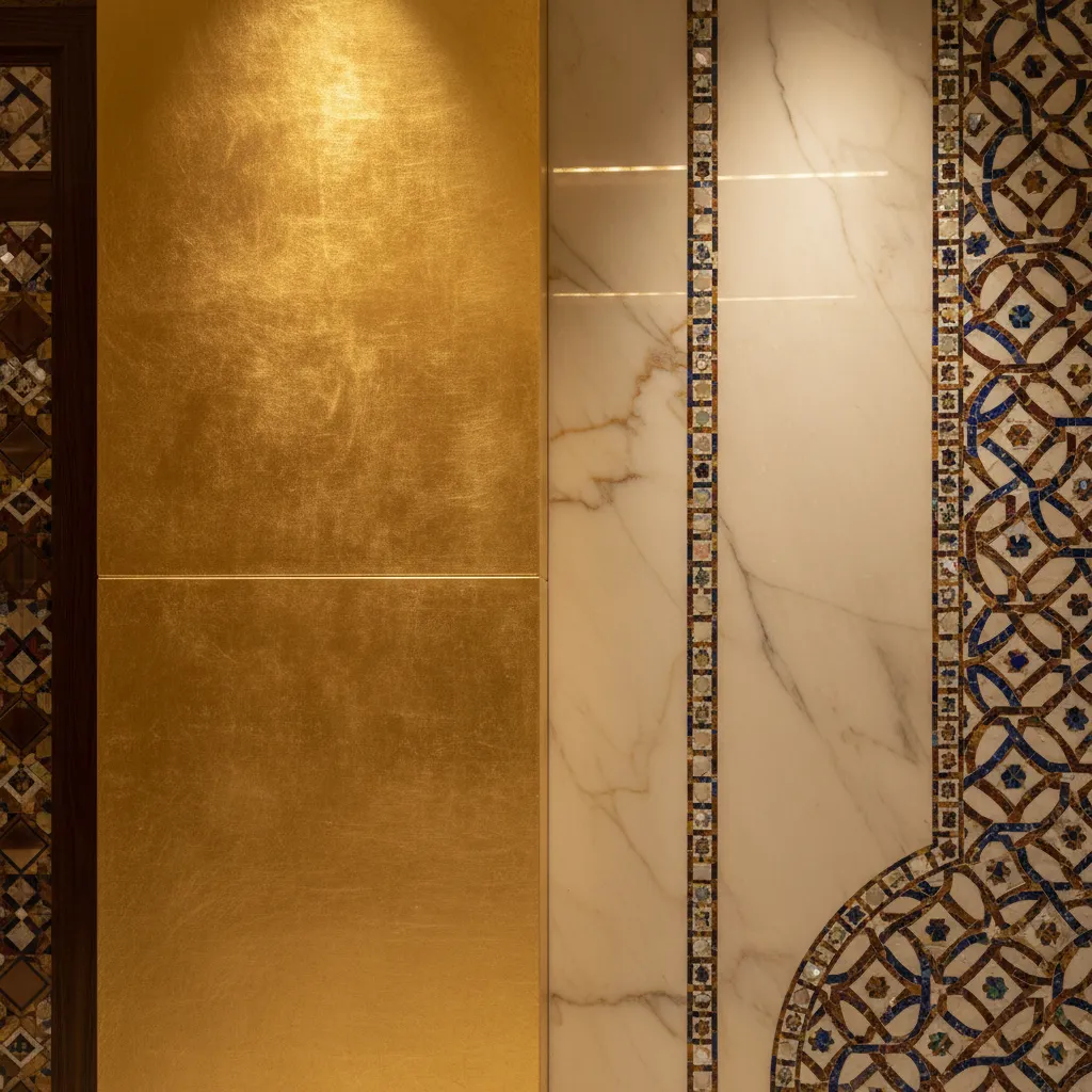 Luxury wall design with gold panels white marble and mosaic tile patterns for elegant rooms