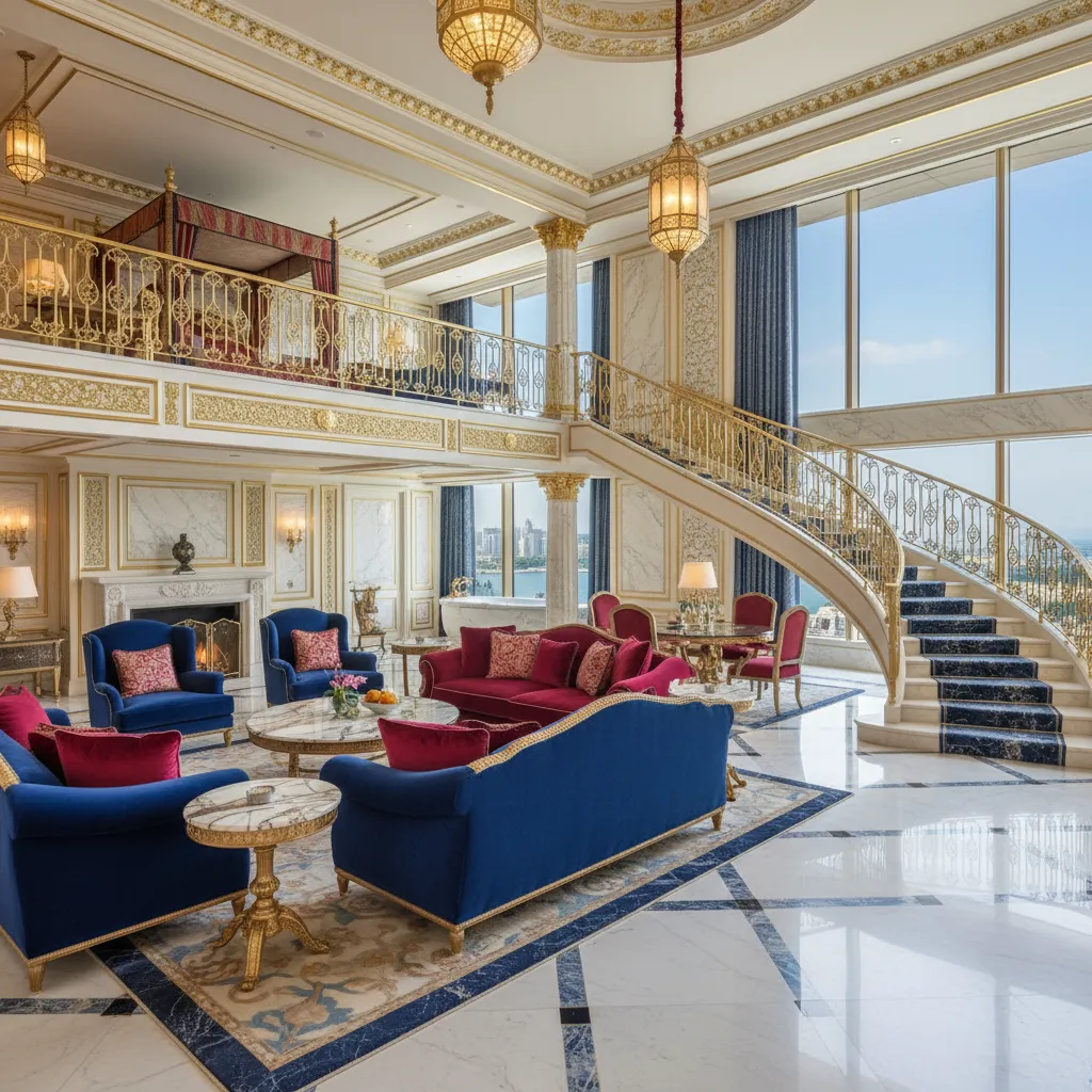Luxury living room with blue sofas gold staircase marble floors ceiling lights and large windows