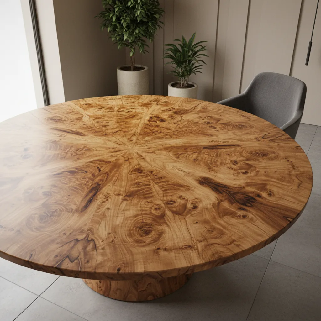 Close perspective of burl wood dining table grain patterns in modern dining room