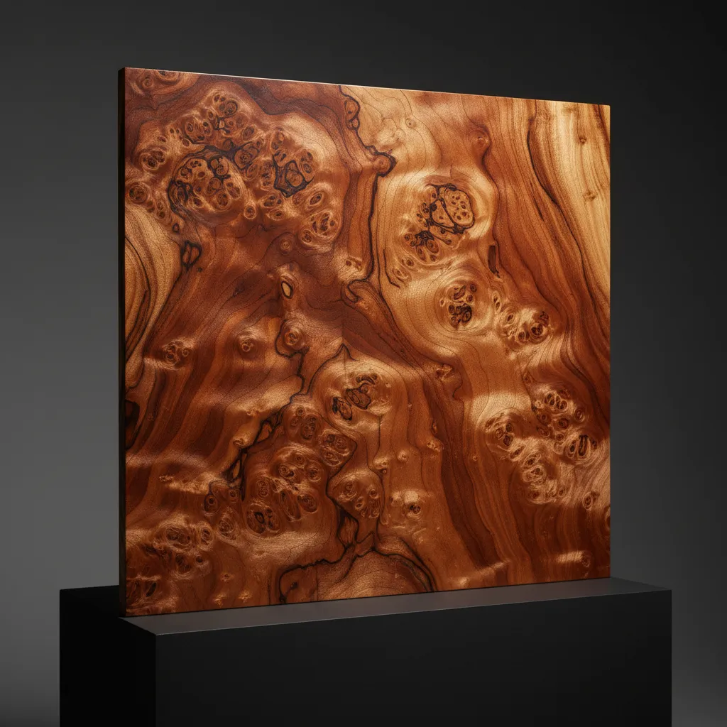 Close-up of burl wood veneer panel with swirling grain
