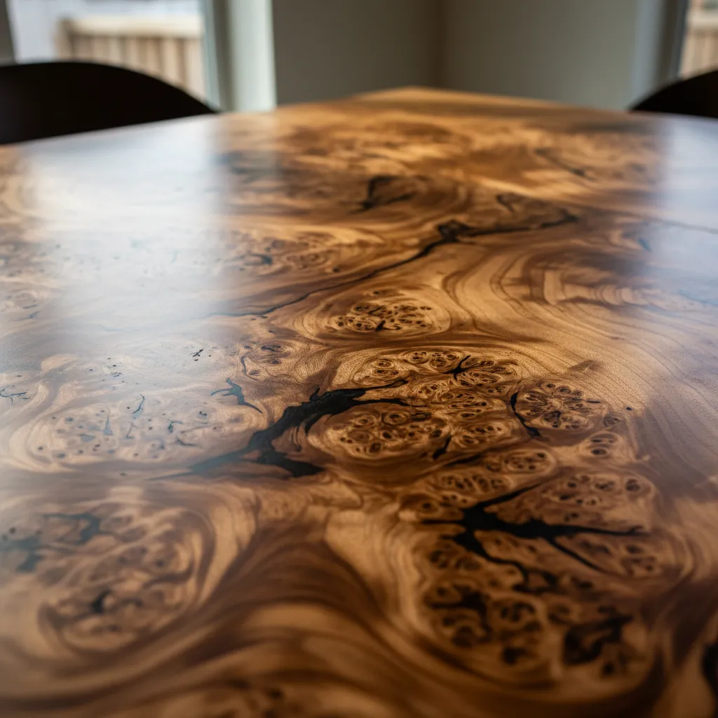 close view of burl wood dining table grain patterns