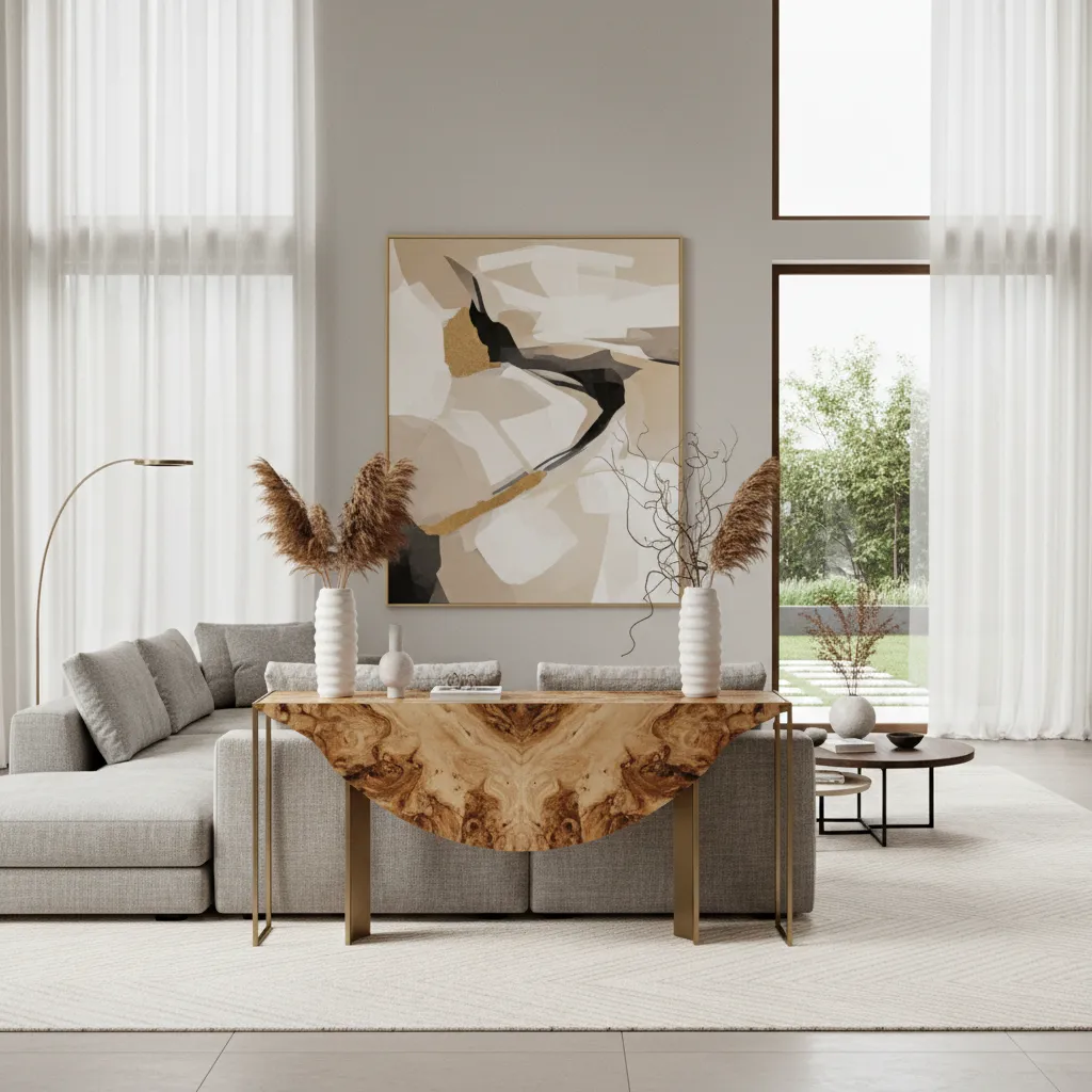 Luxury burl wood console table in a modern living room