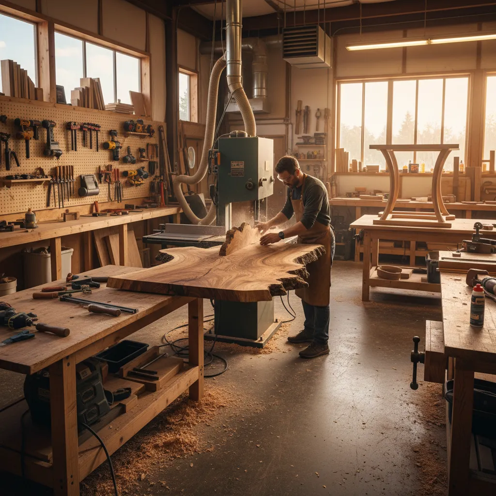 Craftsman cutting a burl wood slab in a woodworking workshop