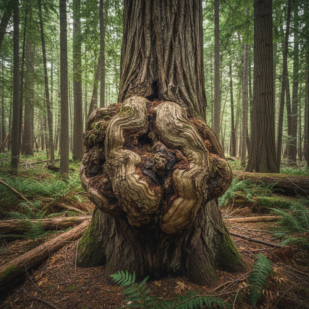 Large burl growth on the side of a mature tree in a forest