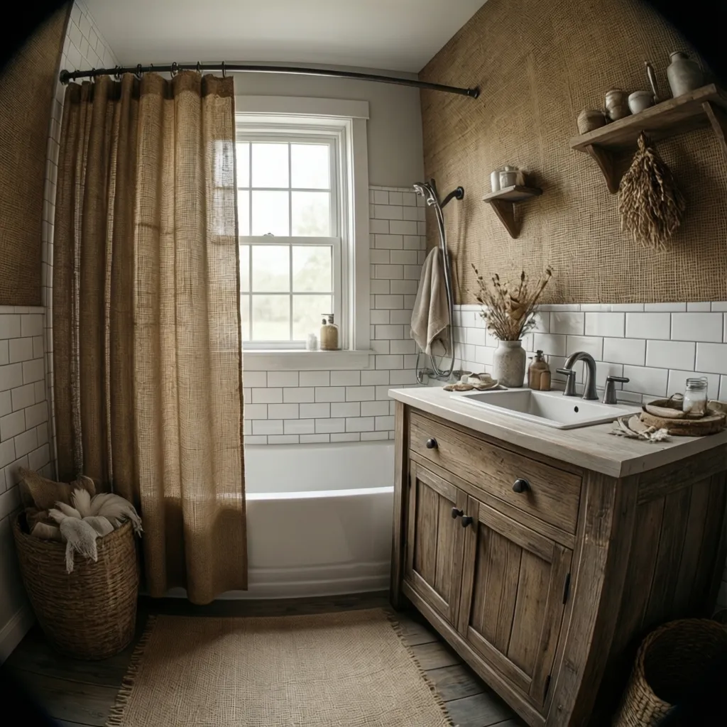 bathroom with burlap shower curtain and rustic decor